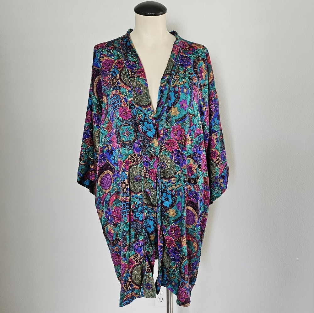 Victorias Secret Vtg Silk Floral Kimono 3/4 Sleeve Button Shirt Dress Robe OS